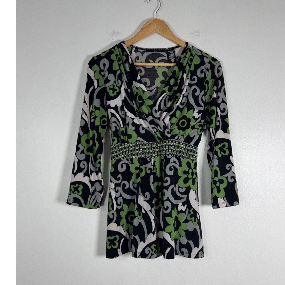 Retro Mod Apostrophe Womens Large Petite Tunic Top Green Black Floral 3/4 Sleeve
